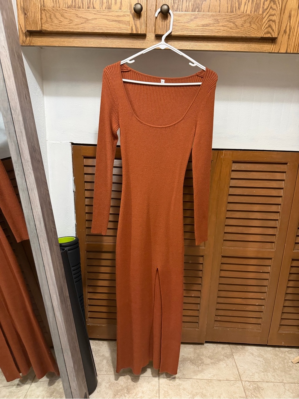 Amazon Rust Scoop-Neck Ribbed Maxi Dress with Front Slit